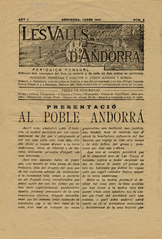 Valls d’Andorra, núm. 1 (1917), la primera publicació periòdica considerada estrictament andorrana