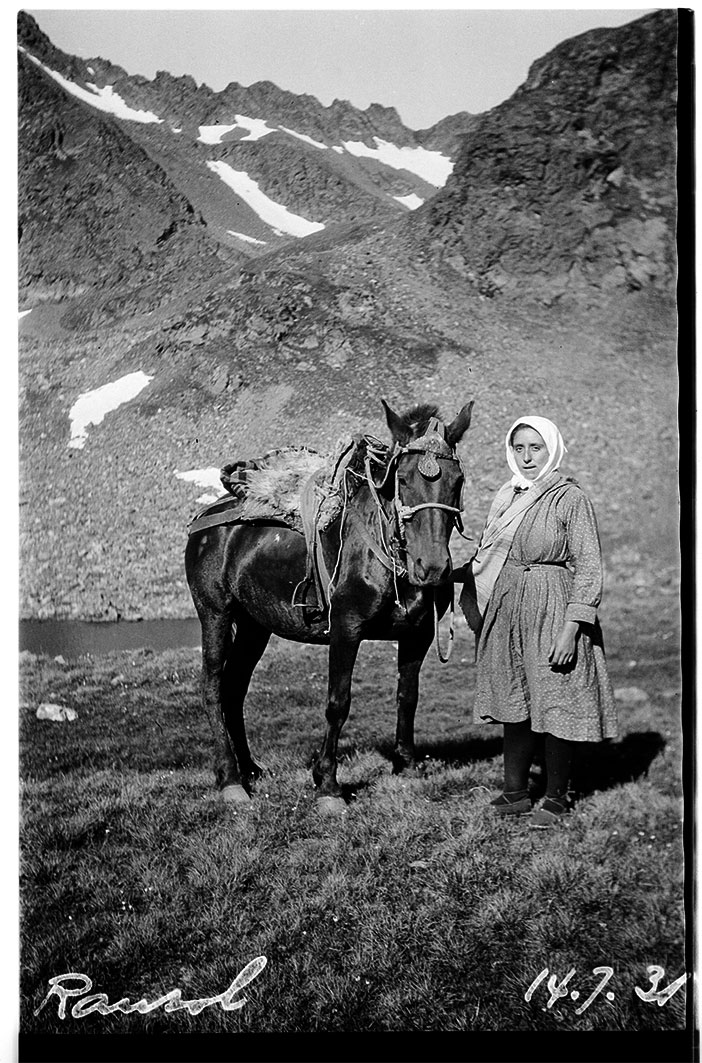 FEDA_0404: Una dona amb un cavall preparat per portar herba