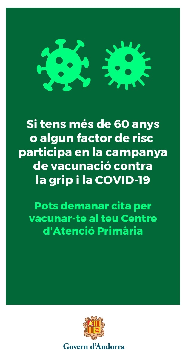 La campanya de vacunació de la grip i la COVID19 per a persones majors de 60 anys s’iniciarà el 20 d’octubre
