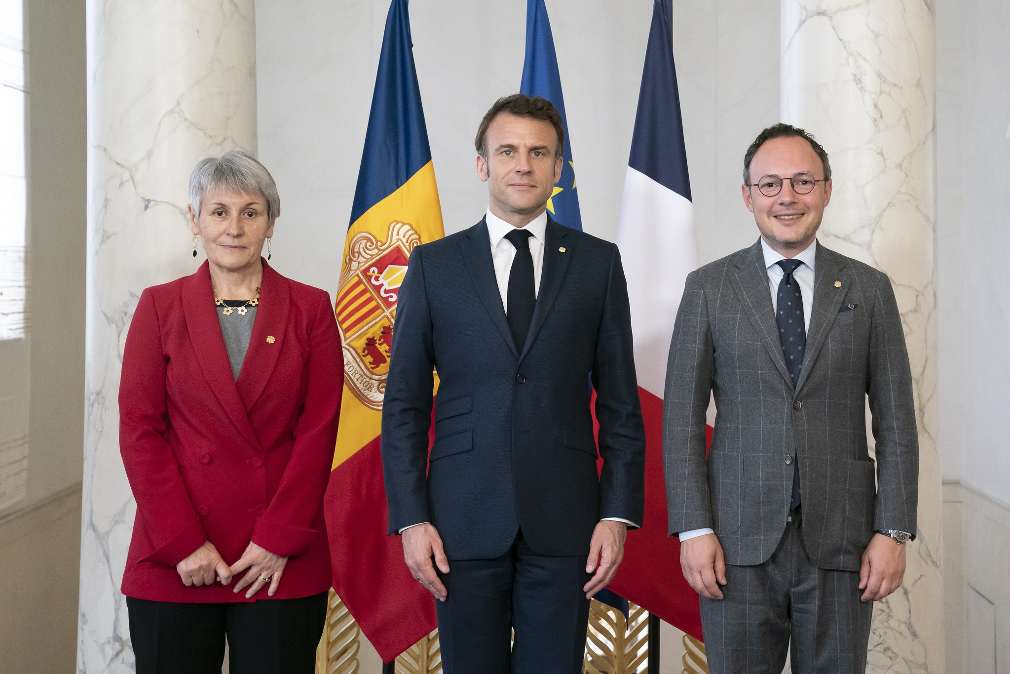El copríncep Emmanuel Macron, el cap de Govern en funcions, Xavier Espot i la síndica general, Roser Suñé, tracten els principals reptes d’Andorra per als pròxims anys