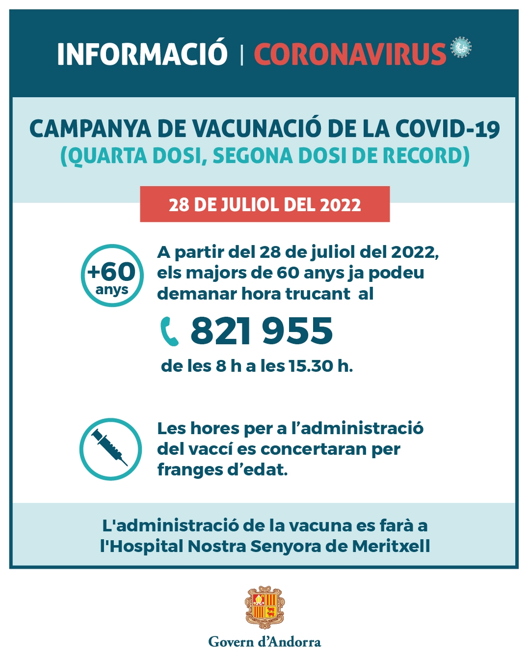 Els majors de 60 anys poden demanar l’administració de la quarta dosi de la vacuna contra la COVID-19