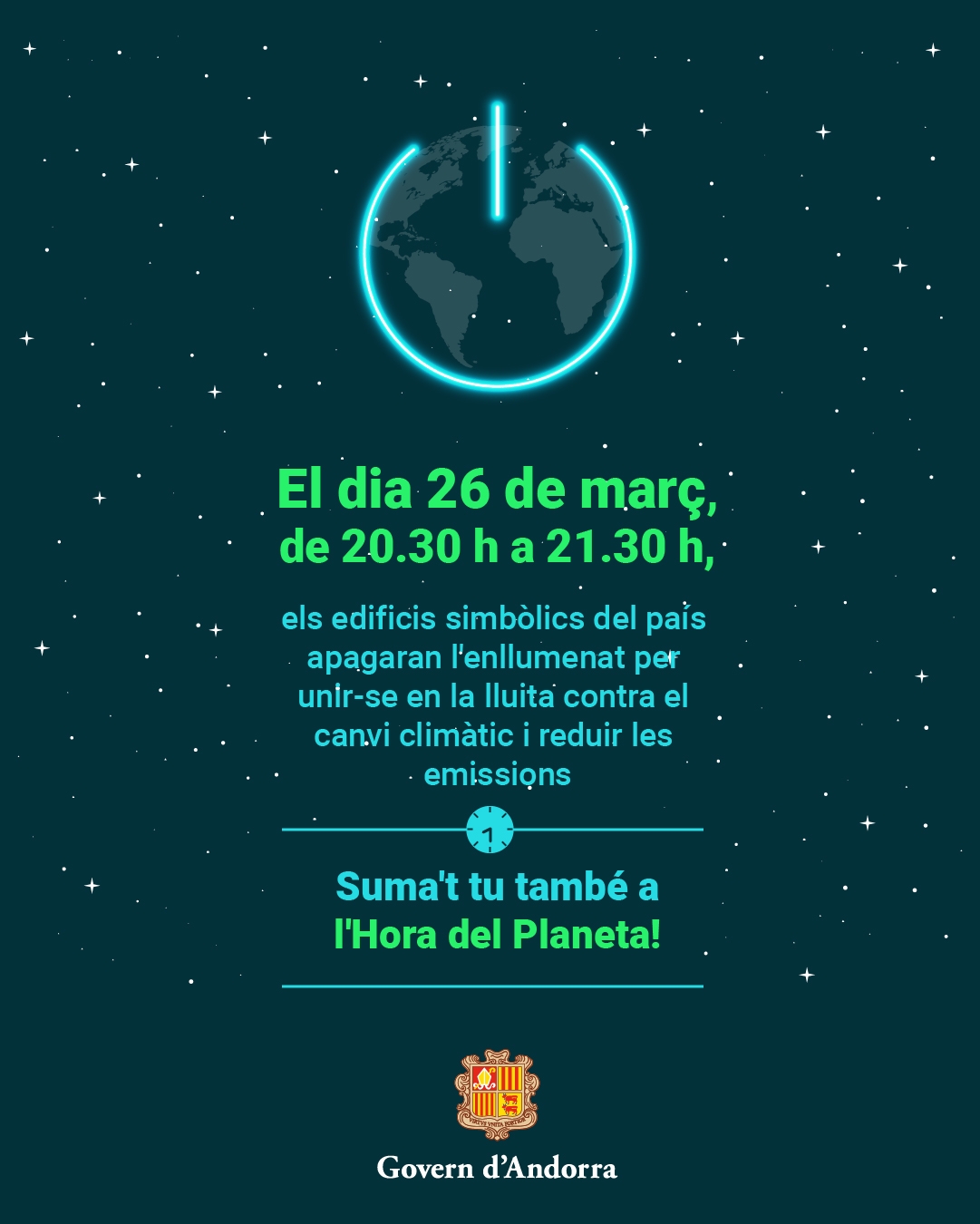 L’edifici administratiu del Govern i onze punts emblemàtics més se sumen l’Hora del Planeta apagant l’enllumenat