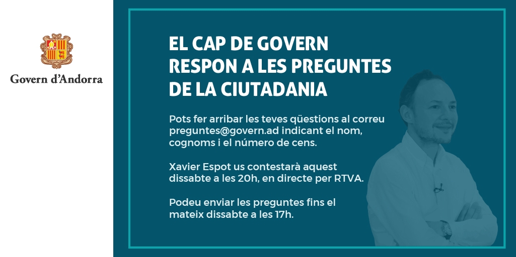 El cap de Govern respondrà a les preguntes de la ciutadania relacionades amb l’emergència sanitària de la COVID-19