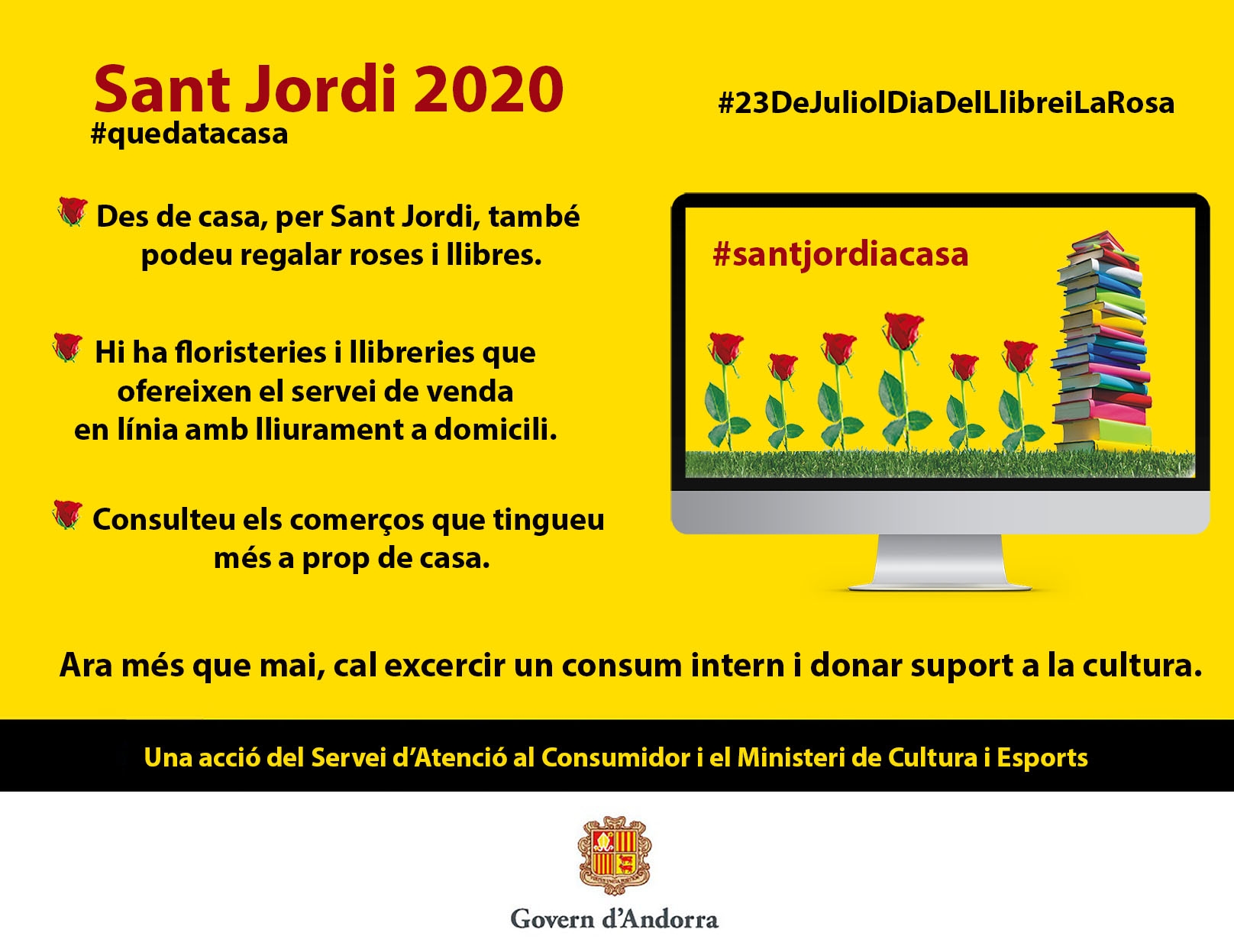 Cultura i Consum impulsen una campanya per promocionar un Sant Jordi des de casa